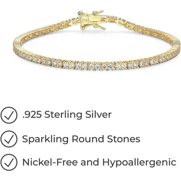 Gold Plated Sterling Silver Tennis Bracelet Cubic Zirconia 7 Inch Jewelry - Picture 6 of 7